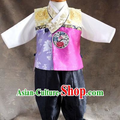 Traditional South Korean Handmade Hanbok Children Little Boys Birthday Customization Embroidery Vest Shirt and Pants, Top Grade Korea Hanbok Costume Complete Set for Kids