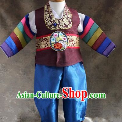 Traditional South Korean Handmade Hanbok Children Little Boys Birthday Customization Embroidery Brown Vest Shirt and Pants, Top Grade Korea Hanbok Costume Complete Set for Kids