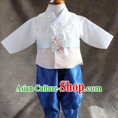 Traditional South Korean Handmade Hanbok Children Little Boys Birthday Customization Embroidery White Vest Shirt and Pants, Top Grade Korea Hanbok Costume Complete Set for Kids