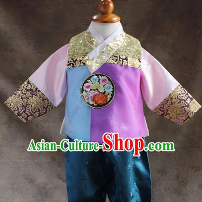 Traditional South Korean Handmade Hanbok Children Little Boys Birthday Customization Embroidery Rosy Vest Shirt and Pants, Top Grade Korea Hanbok Costume Complete Set for Kids