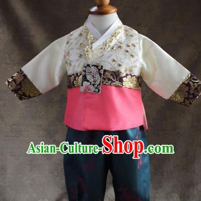 Traditional South Korean Handmade Hanbok Children Little Boys Birthday Customization Embroidery Vest Shirt and Pants, Top Grade Korea Hanbok Costume Complete Set for Kids