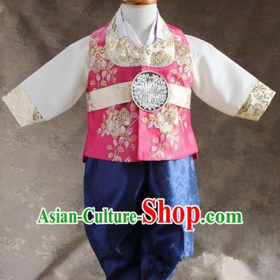 Traditional South Korean Handmade Hanbok Children Little Boys Birthday Customization Embroidery Pink Vest Shirt and Pants, Top Grade Korea Hanbok Costume Complete Set for Kids