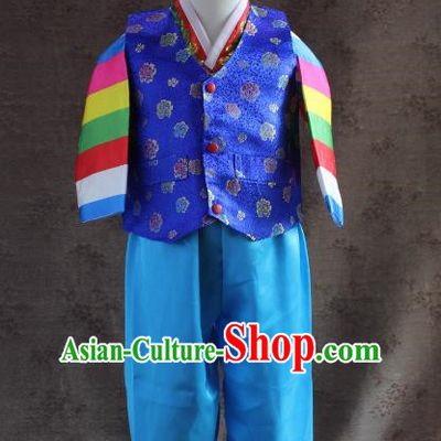 Traditional South Korean Handmade Hanbok Children Little Boys Birthday Customization Embroidery Clothing Blue Vest Complete Set, Top Grade Korea Hanbok Costume for Kids