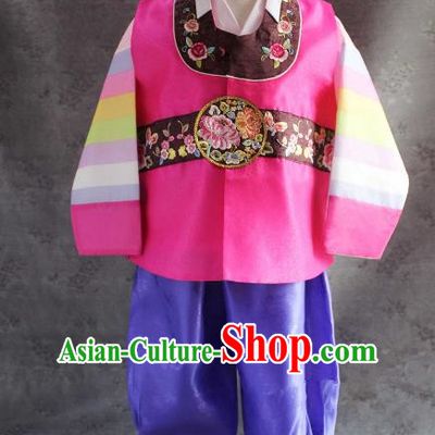 Traditional South Korean Handmade Hanbok Children Baby Birthday Rosy Clothing, Top Grade Korea Hanbok Costume Complete Set for Boys
