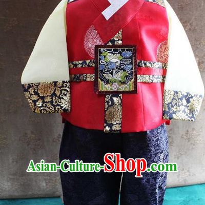 Traditional South Korean Handmade Hanbok Children Little Boys Birthday Customization Embroidery Clothing Red Vest Complete Set, Top Grade Korea Hanbok Costume for Kids