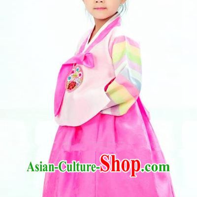 Traditional South Korean Handmade Hanbok Children Little Girls Birthday Customization Embroidery Pink Blouse and Dress Complete Set, Top Grade Korea Hanbok Costume for Kids