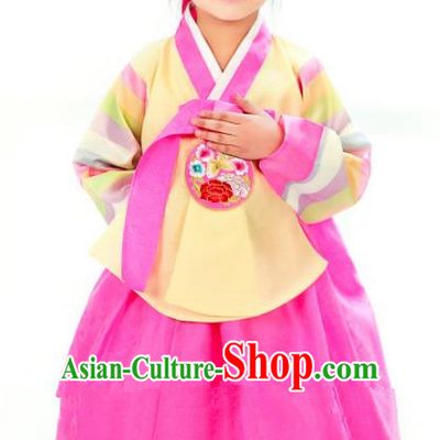 Traditional South Korean Handmade Hanbok Children Little Girls Birthday Customization Embroidery Yellow Blouse and Dress Complete Set, Top Grade Korea Hanbok Costume for Kids