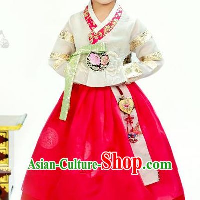 Traditional South Korean Handmade Hanbok Children Little Girls Birthday Customization Embroidery White Blouse and Dress Complete Set, Top Grade Korea Hanbok Costume for Kids
