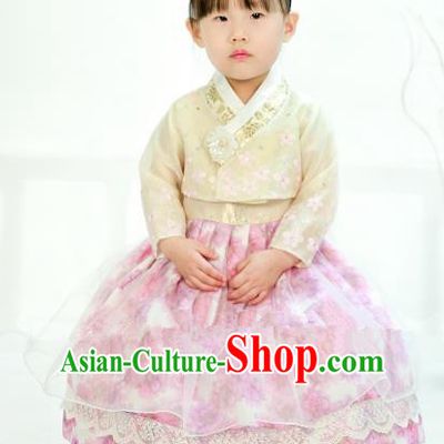 Traditional South Korean Handmade Hanbok Children Little Girls Birthday Customization Embroidery White Blouse and Pink Dress Complete Set, Top Grade Korea Hanbok Costume for Kids