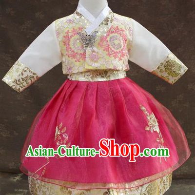 Traditional South Korean Handmade Hanbok Children Little Princess Birthday Customization Embroidery Rosy Dress Complete Set, Top Grade Korea Royal Hanbok Costume for Kids
