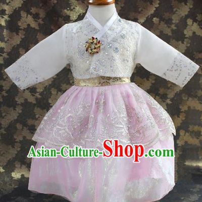 Traditional South Korean Handmade Hanbok Children Little Princess Birthday Customization Embroidery Pink Dress Complete Set, Top Grade Korea Royal Hanbok Costume for Kids