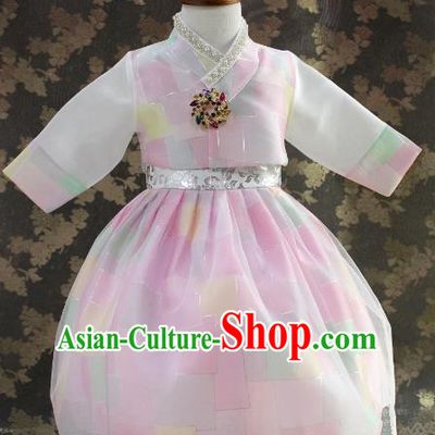 Traditional South Korean Handmade Hanbok Children Little Princess Birthday Customization Pink Dress Complete Set, Top Grade Korea Royal Hanbok Costume for Kids