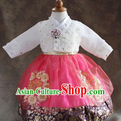 Traditional South Korean Handmade Hanbok Children Little Princess Birthday Customization Embroidery Clothing Complete Set, Top Grade Korea Royal Hanbok Costume for Kids