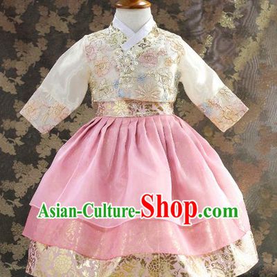 Traditional South Korean Handmade Hanbok Children Little Princess Pink Dress Birthday Customization Embroidery Clothing, Top Grade Korea Royal Hanbok Costume for Kids
