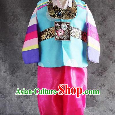Traditional South Korean Handmade Hanbok Children Baby Birthday Blue Clothing, Top Grade Korea Hanbok Costume Complete Set for Boys