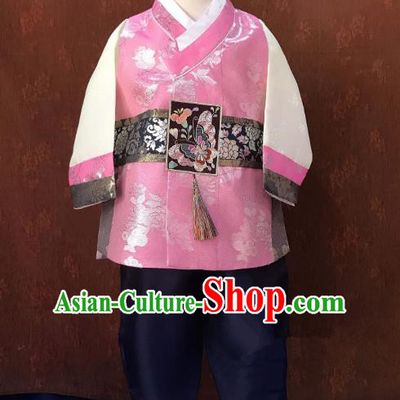 Traditional South Korean Handmade Hanbok Children Baby Birthday Customization Pink Clothing, Top Grade Korea Hanbok Costume Complete Set for Boys