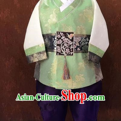 Traditional South Korean Handmade Hanbok Children Baby Birthday Customization Green Clothing, Top Grade Korea Hanbok Costume Complete Set for Boys