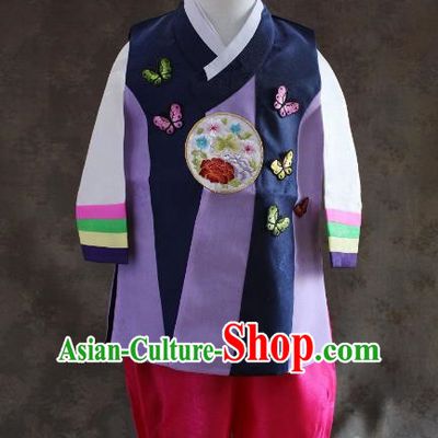 Traditional South Korean Handmade Hanbok Children Baby Birthday Customization Embroidery Butterfly Clothing, Top Grade Korea Hanbok Costume Complete Set for Boys