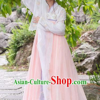 Traditional Ancient Chinese Tang Dynasty Palace Lady Embroidered Costume Blouse and Slip Skirt Complete Set, Elegant Hanfu Clothing Chinese Imperial Princess Dress Clothing for Women
