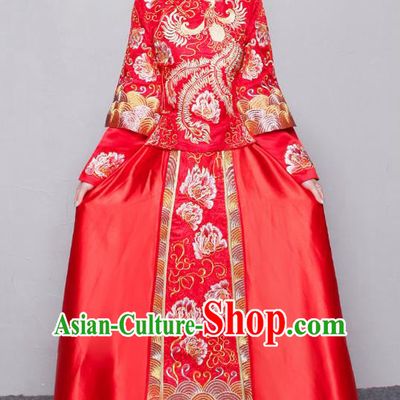Traditional Ancient Chinese Wedding Costume Embroidery Peony Xiuhe Suits, Chinese Style Wedding Dress Red Dragon and Phoenix Flown Bride Toast Cheongsam for Women