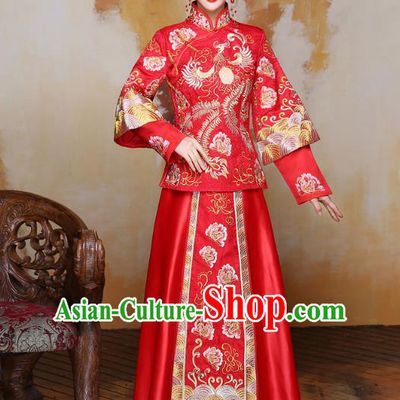 Traditional Ancient Chinese Wedding Costume Handmade XiuHe Suits Embroidery Phoenix Peony Bride Toast Cheongsam Dress, Chinese Style Hanfu Wedding Clothing for Women