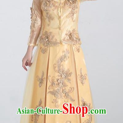 Traditional Ancient Chinese Wedding Costume Handmade XiuHe Suits Embroidery Bride Toast Golden Cheongsam Dress, Chinese Style Hanfu Wedding Clothing for Women