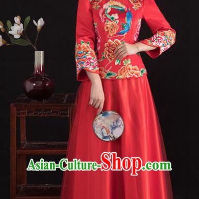 Traditional Ancient Chinese Wedding Costume Handmade XiuHe Suits Embroidery Peony Longfeng Gown Bride Toast Cheongsam Dress, Chinese Style Hanfu Wedding Clothing for Women
