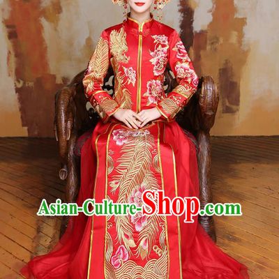 Traditional Ancient Chinese Wedding Costume Handmade XiuHe Suits Embroidery Peony Longfeng Gown Bride Toast Slim Cheongsam Dress, Chinese Style Hanfu Wedding Clothing for Women