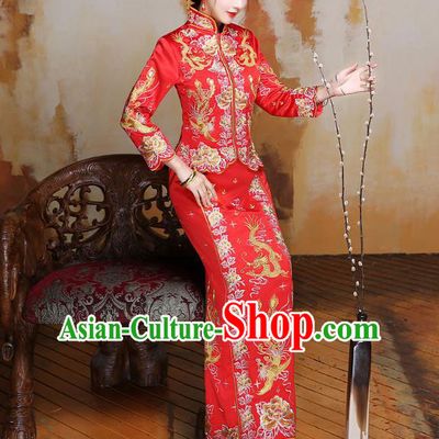 Traditional Ancient Chinese Wedding Costume Handmade XiuHe Suits Embroidery Phoenix Peony Longfeng Gown Bride Toast Slim Cheongsam Dress, Chinese Style Hanfu Wedding Clothing for Women
