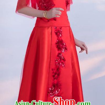 Traditional Ancient Chinese Wedding Costume Handmade XiuHe Suits Embroidery Bride Toast Veil Sleeve Cheongsam Dress, Chinese Style Hanfu Wedding Clothing for Women