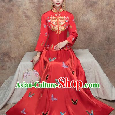 Traditional Ancient Chinese Wedding Costume Handmade XiuHe Suits Embroidery Butterfly Bride Toast Cheongsam Dress, Chinese Style Hanfu Wedding Clothing for Women