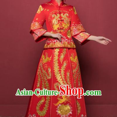Traditional Ancient Chinese Wedding Costume Handmade XiuHe Suits Embroidery Phoenix Dress Bride Toast Plated Buttons Cheongsam, Chinese Style Hanfu Wedding Clothing for Women