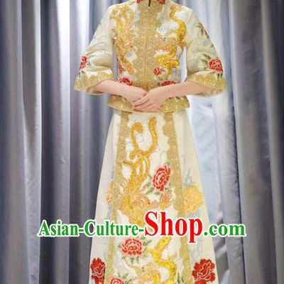 Traditional Ancient Chinese Wedding Costume Handmade XiuHe Suits Embroidery Slim Dress Bride Toast White Cheongsam, Chinese Style Hanfu Wedding Clothing for Women