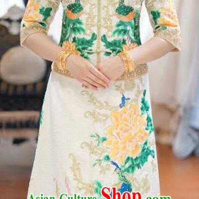 Traditional Ancient Chinese Wedding Costume Handmade XiuHe Suits Embroidery Peacock Dress Bride Toast Cheongsam, Chinese Style Hanfu Wedding Clothing for Women