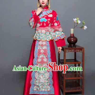 Traditional Ancient Chinese Wedding Costume Handmade XiuHe Suits Blue Embroidery Peony Dress Bride Toast Cheongsam, Chinese Style Hanfu Wedding Clothing for Women
