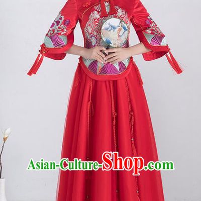 Traditional Ancient Chinese Wedding Costume Handmade Embroidery Bottom Drawer Xiuhe Suits, Chinese Style Wedding Dress Red Flown Bride Toast Cheongsam for Women