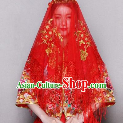 Traditional Ancient Chinese Wedding Embroidery Tassel Lace Red Veil, Chinese Style Wedding Red Bridal Veil for Women