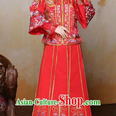 Traditional Ancient Chinese Wedding Costume Handmade Delicacy Full Embroidery Phoenix Peony Red XiuHe Suits, Chinese Style Hanfu Wedding Bride Toast Cheongsam for Women