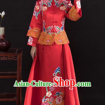 Traditional Ancient Chinese Wedding Costume Handmade Delicacy Full Embroidery Peony Red XiuHe Suits, Chinese Style Hanfu Wedding Bride Toast Cheongsam for Women