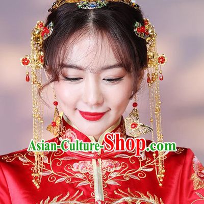 Traditional Handmade Chinese Ancient Classical Hair Accessories Complete Set Bride Wedding Tassel Barrettes Hair Comb, Xiuhe Suit Hair Jewellery Hair Fascinators Hairpins for Women