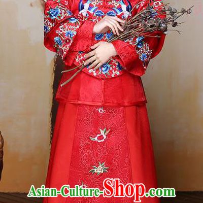 Traditional Ancient Chinese Wedding Costume Handmade Delicacy Embroidery Birds Bride XiuHe Suits Red Full Dress, Chinese Style Hanfu Wedding Toast Cheongsam for Women