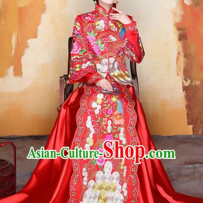 Traditional Ancient Chinese Wedding Costume Handmade Delicacy Embroidery Phoenix Peony Red Trailing XiuHe Suits, Chinese Style Hanfu Wedding Bride Toast Cheongsam for Women