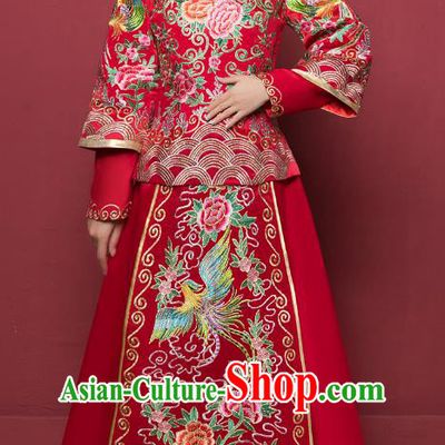 Traditional Ancient Chinese Wedding Costume Handmade Delicacy Embroidery Phoenix Peony XiuHe Suits, Chinese Style Hanfu Wedding Toast Cheongsam for Women