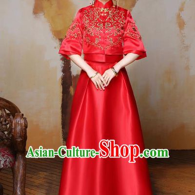 Traditional Ancient Chinese Wedding Costume Handmade Delicacy Embroidery XiuHe Suits Longfeng Flown, Chinese Style Hanfu Wedding Toast Cheongsam for Women