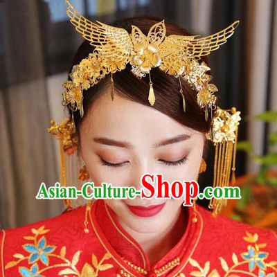 Traditional Handmade Chinese Ancient Classical Hair Accessories Bride Wedding Tassel Phoenix Coronet Hair Comb, Xiuhe Suit Hair Jewellery Hair Fascinators Hairpins for Women