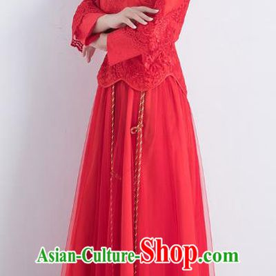 Traditional Ancient Chinese Wedding Costume Handmade Delicacy Embroidery Red Veil XiuHe Suits, Chinese Style Hanfu Wedding Bride Toast Cheongsam for Women