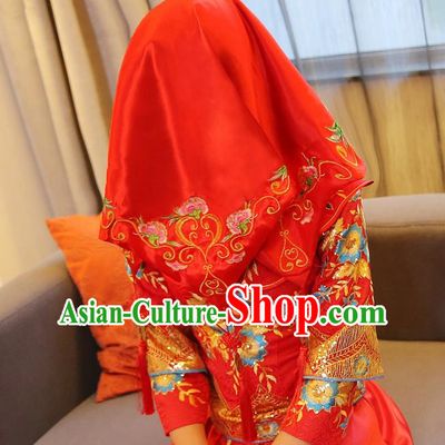 Traditional Ancient Chinese Wedding Embroidery Peony Tassel Red Satin Veil, Chinese Style Wedding Red Bridal Veil for Women