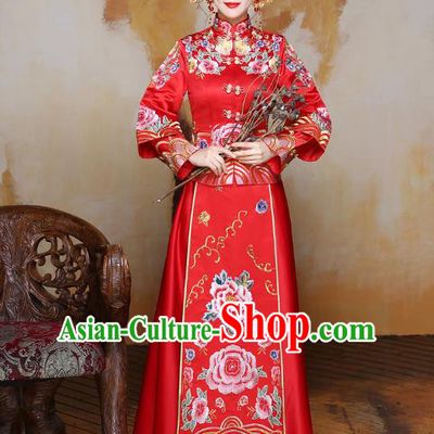 Traditional Ancient Chinese Wedding Costume Handmade Delicacy XiuHe Suits Embroidery Peony Bottom Drawer, Chinese Style Hanfu Wedding Bride Toast Cheongsam for Women