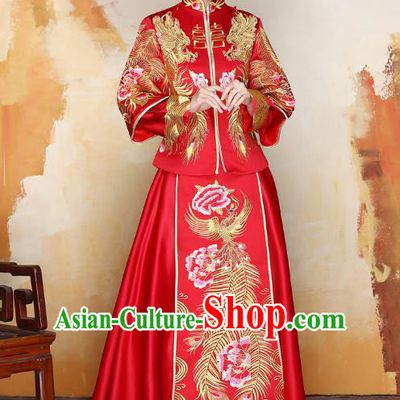 Traditional Ancient Chinese Wedding Costume Handmade Delicacy XiuHe Suits Embroidery Phoenix Bottom Drawer, Chinese Style Hanfu Wedding Bride Toast Cheongsam for Women