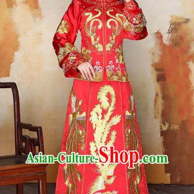 Traditional Ancient Chinese Wedding Costume Handmade Delicacy XiuHe Suits Embroidery Phoenix Cheongsam Palace Bottom Drawer, Chinese Style Hanfu Wedding Bride Hanfu Clothing for Women